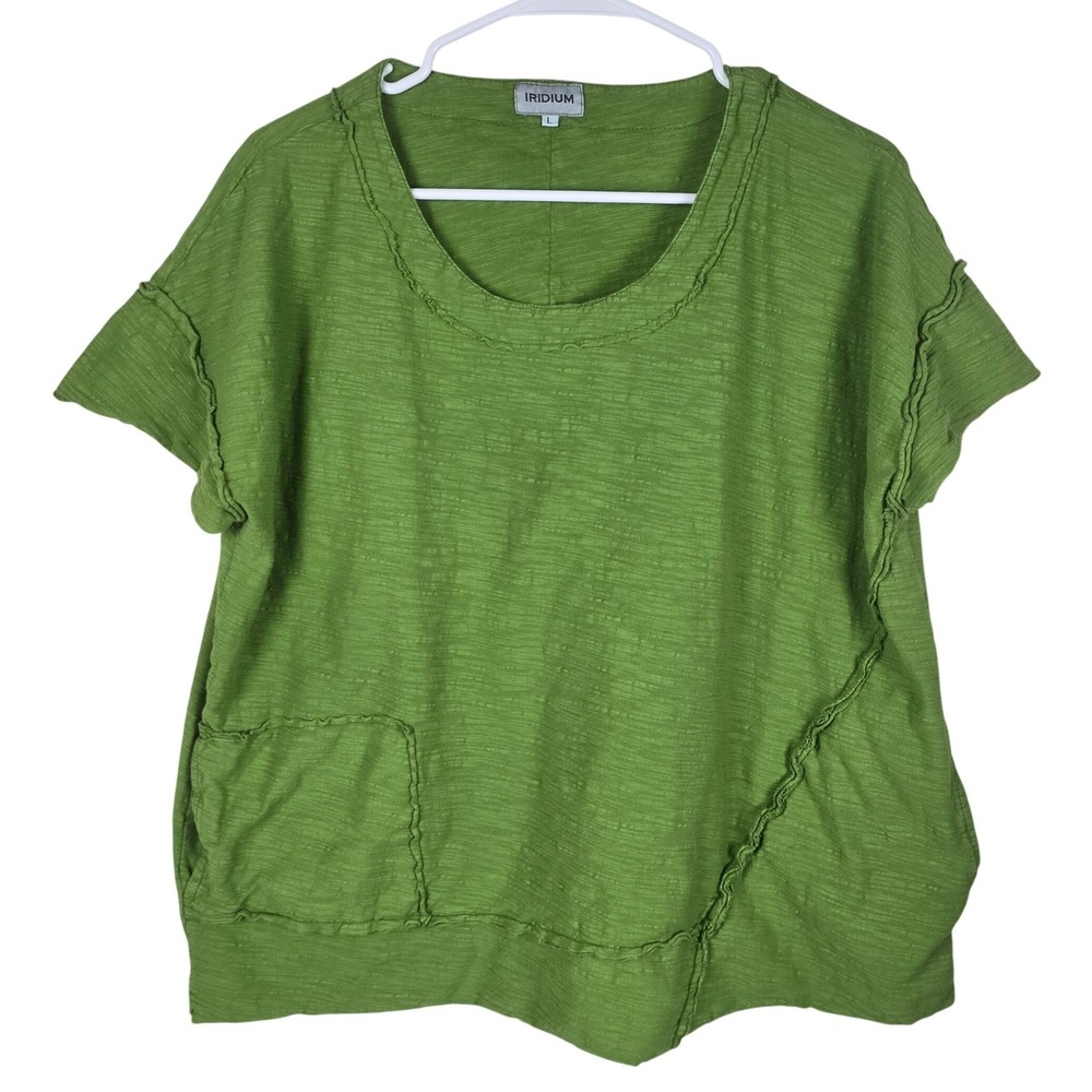 Iridium Cotton Slub Knit Top Size L Green Raw Edge Asymmetrical‎ Pocket Tee